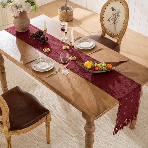 Burgundy Table Runner with Tassels Boho Claret Red Macrame Table Runner Farmhouse Woven Home Decor 12x71 inch Modern Fall Table Decor for Coffee Dining Bedroom Decor Rustic Style