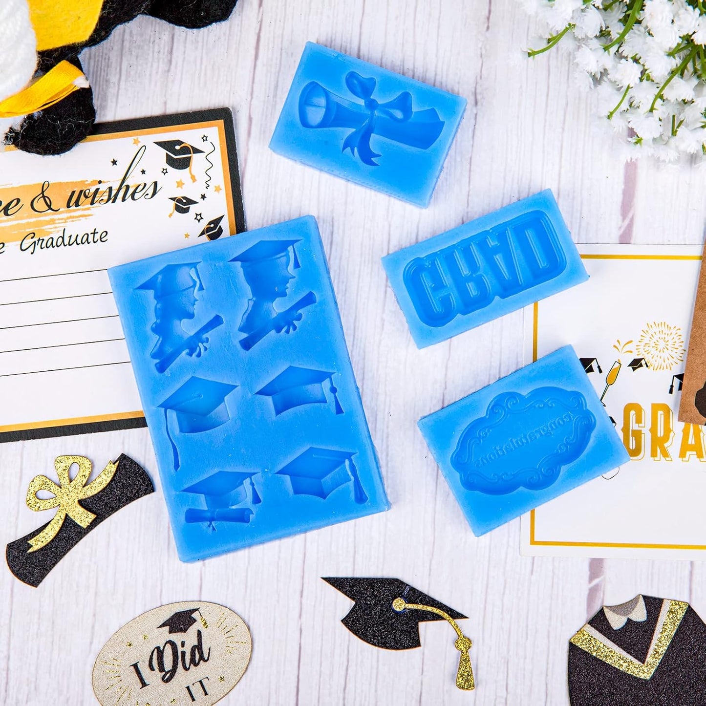 Whaline Graduation Mini Fondant Molds - 4 Pack Silicone Caps & Diplomas for Cake Decorations | Blue