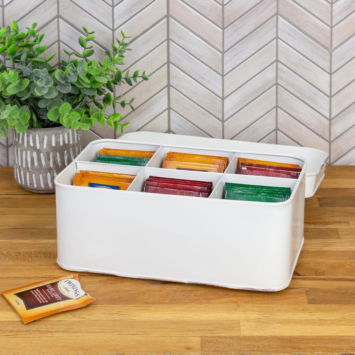 AuldHome Design Farmhouse Tea Bag Box (White), Vintage Retro Style Enamelware Tea Storage Tin