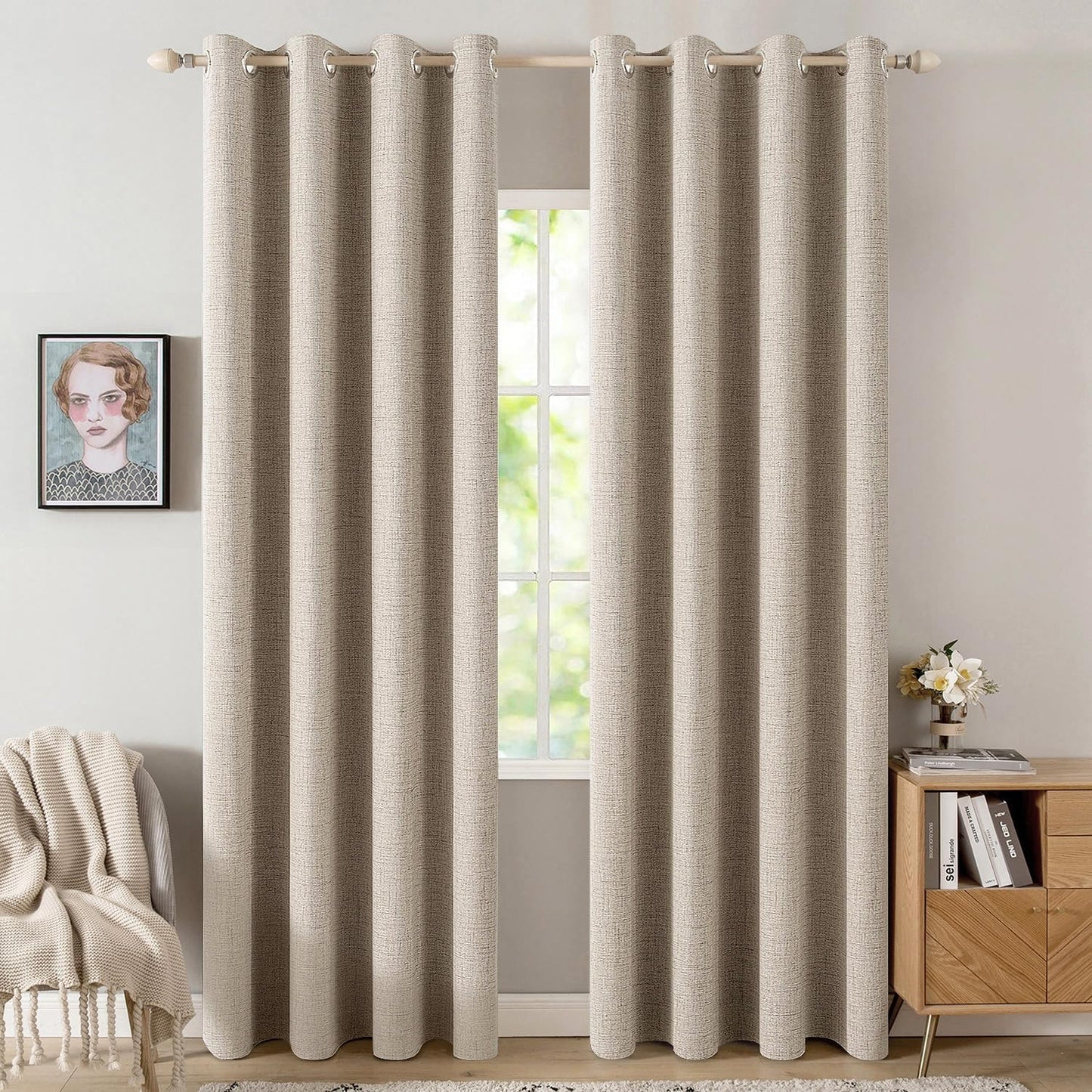 MIULEE 100% Blackout Linen Textured Curtains - Thermal Insulated Taupe Drapes | 52 x 108 Inch (2 Panels)