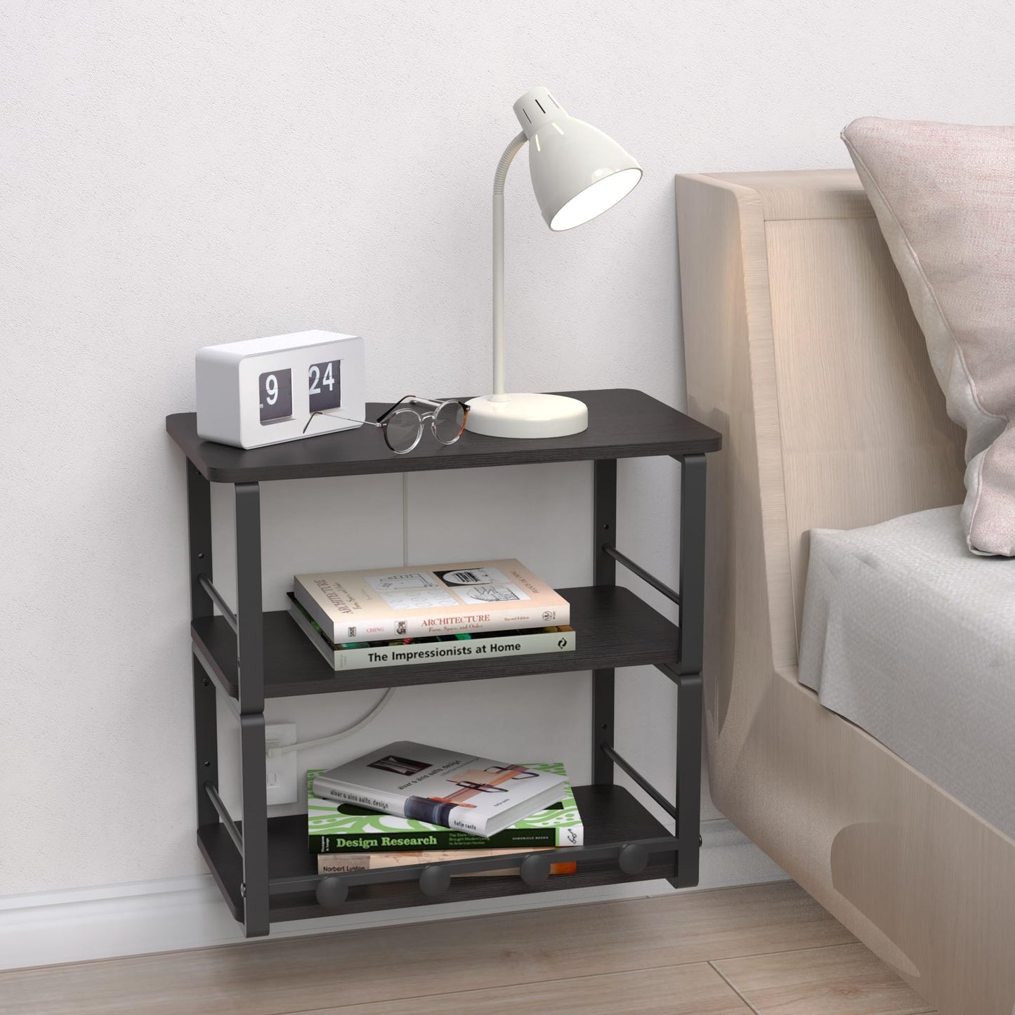 ANYHI Wall Mounted Three-Tier Floating Shelves for Living Room/Bedroom/Kitchen/Bathroom, Wood Floating Shelf with 4 Hooks for Books/Storage/Decor, Bedside Shelves, Black Nightstand