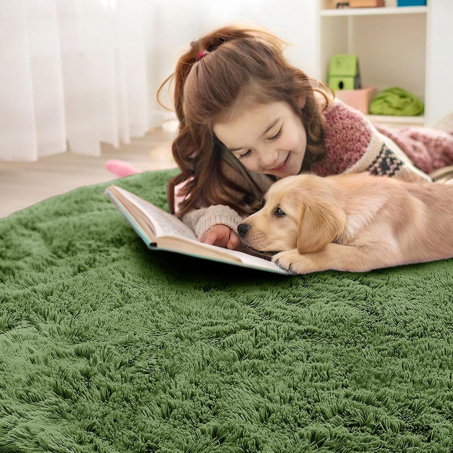 OLANLY Green Round Area Rug - Soft, Fluffy, Machine Washable 8 ft Circle Carpet for Bedroom & Living Room