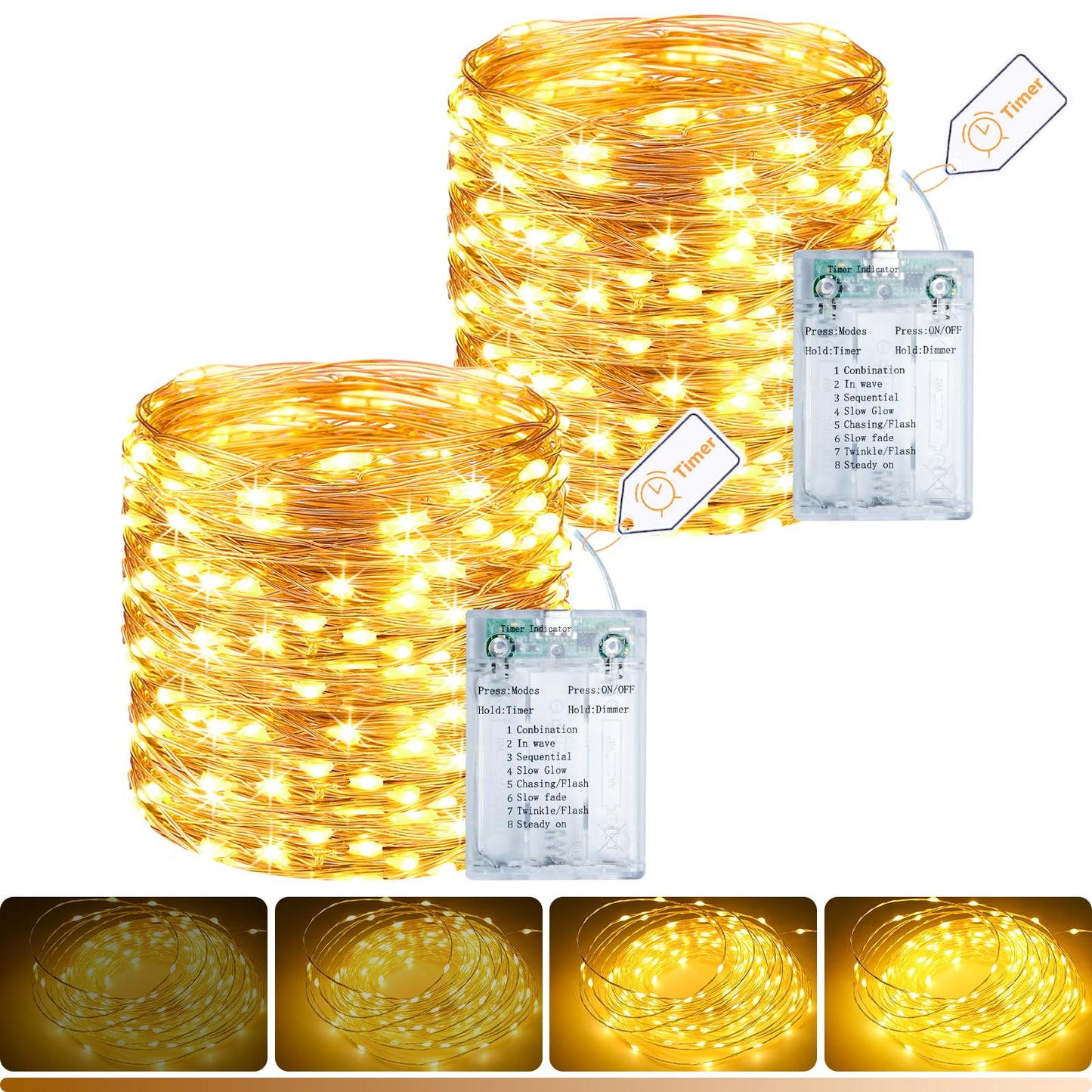 litogo 2 Pack Fairy Lights Battery Operated with Timer, 33FT 100LED Twinkle String Lights USB-C Powered 8 Modes Dimmable for Indoor Bedroom Centerpiece Wedding Classroom Dorm Christmas Decorations
