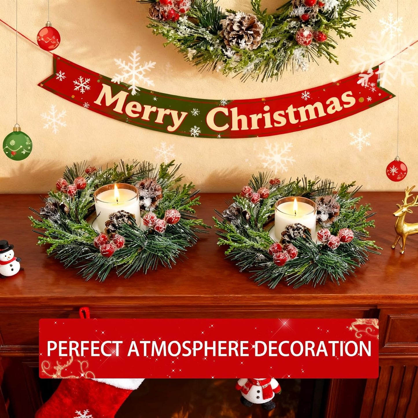Skiennix 6 Pcs Mini Christmas Wreaths - 9 Inch Snowy Pinecone & Red Berry Candle Rings for Holiday Decor