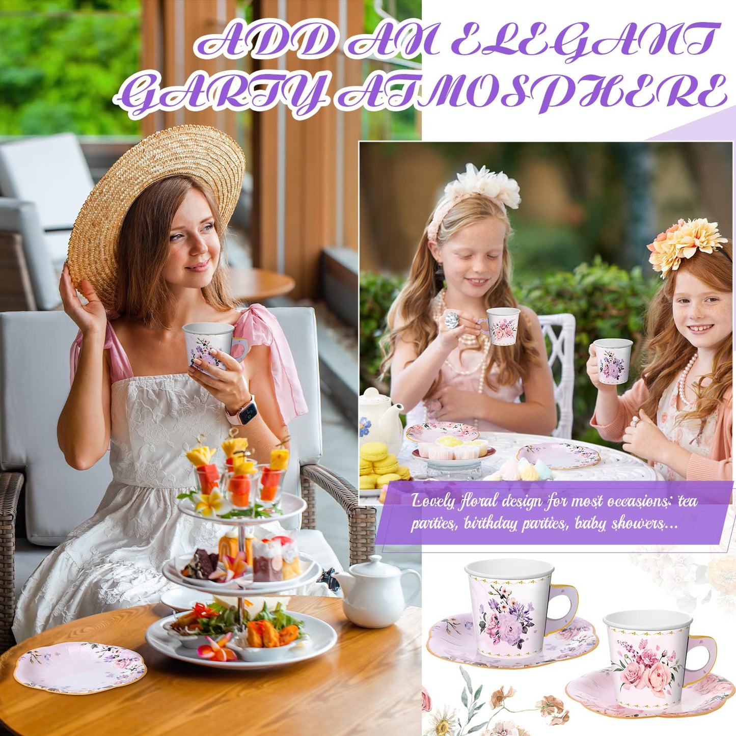 Umigy 60 Set 6.5 oz Floral Paper Tea Cups with Handle and Plates Tea Party Decorations with Tape Disposable Blossom Teacups and Saucers Sets for Hot Cold Birthday Drink(Elegant)