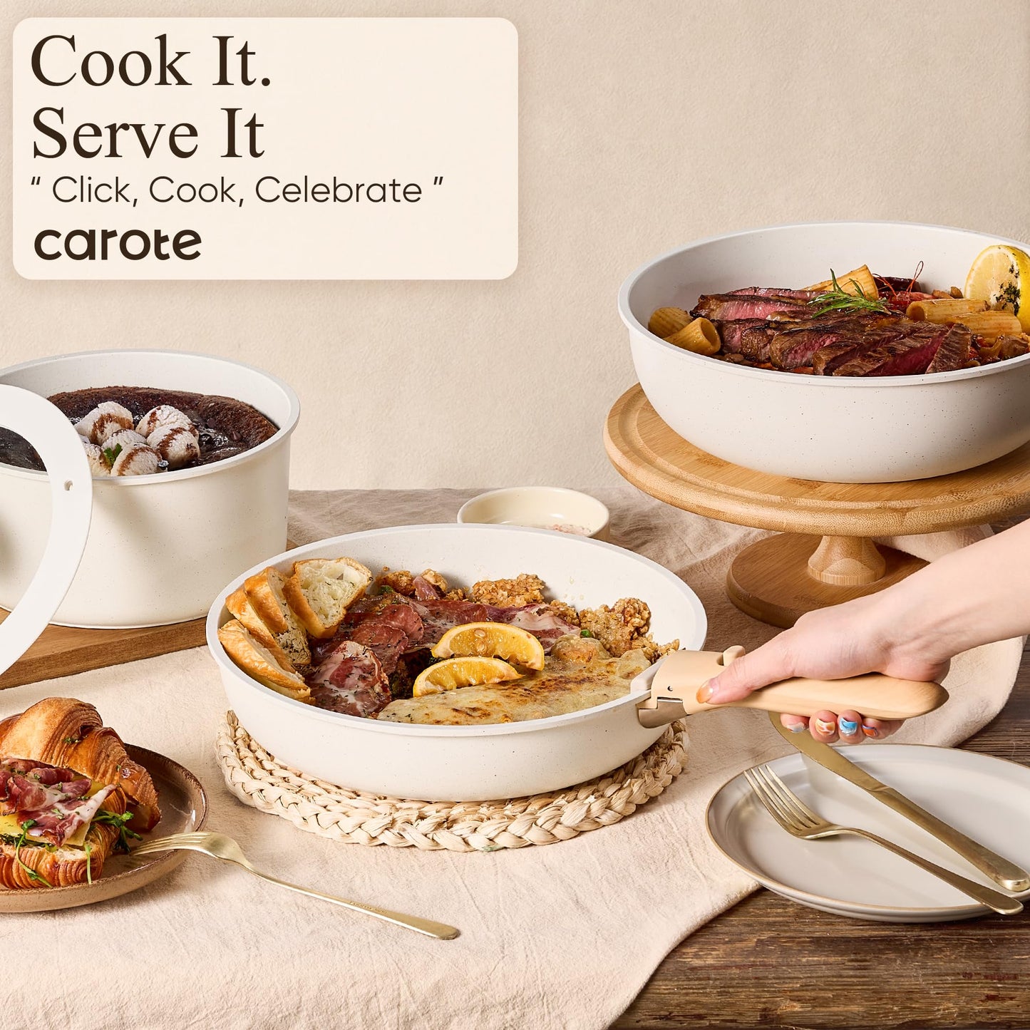 CAROTE Pots and Pans Set Non Stick, Cookware Sets, Kitchen Set, Oven/Dishwasher/Fridge Safe, Space Saving Pots Set, Nonstick Set with Versatile Detachable Handle, Induction RV Set, Cream