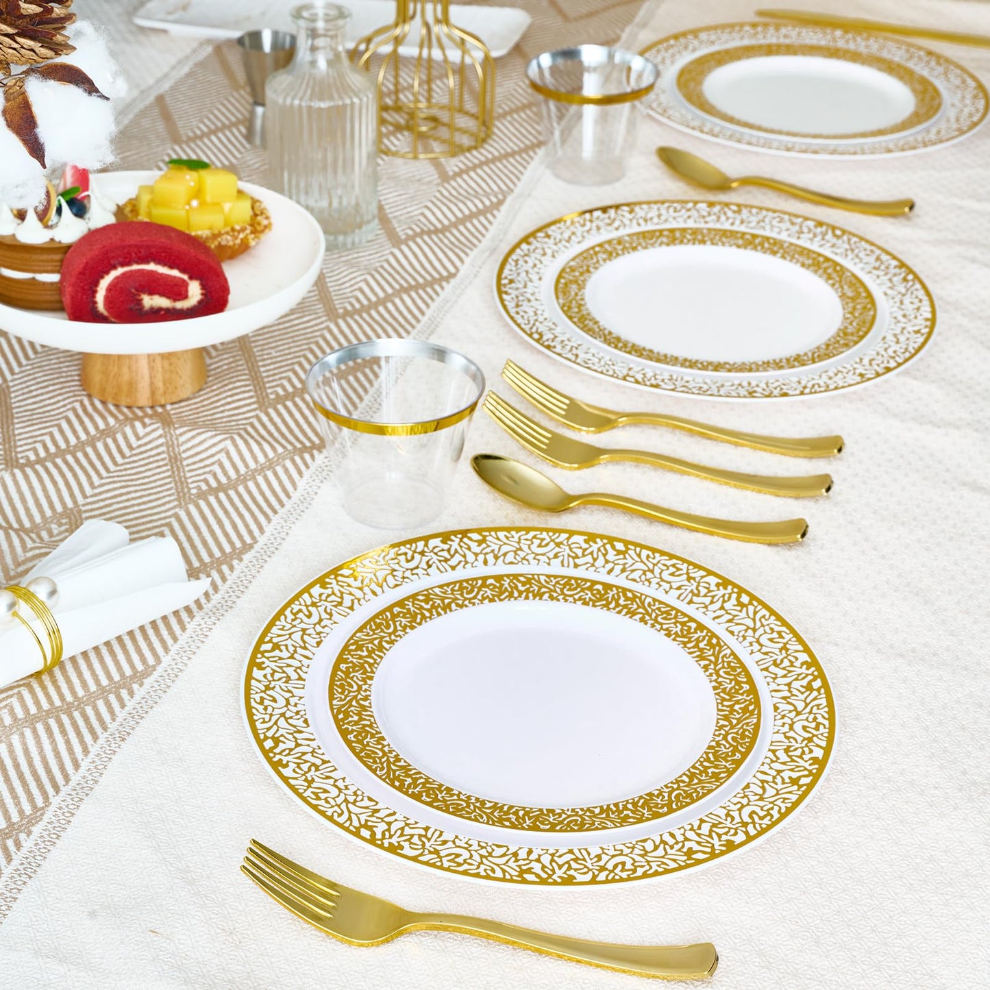 150 Count Gold Plastic Dinnerware Set, Elegant Disposable Include: 25 Gold Lace Plastic Plates, 25 Dessert Plates, 25 Forks, 25 Knives, 25 Spoons, 25 Cup, Ideal for Party, Birthday and Thanksgiving