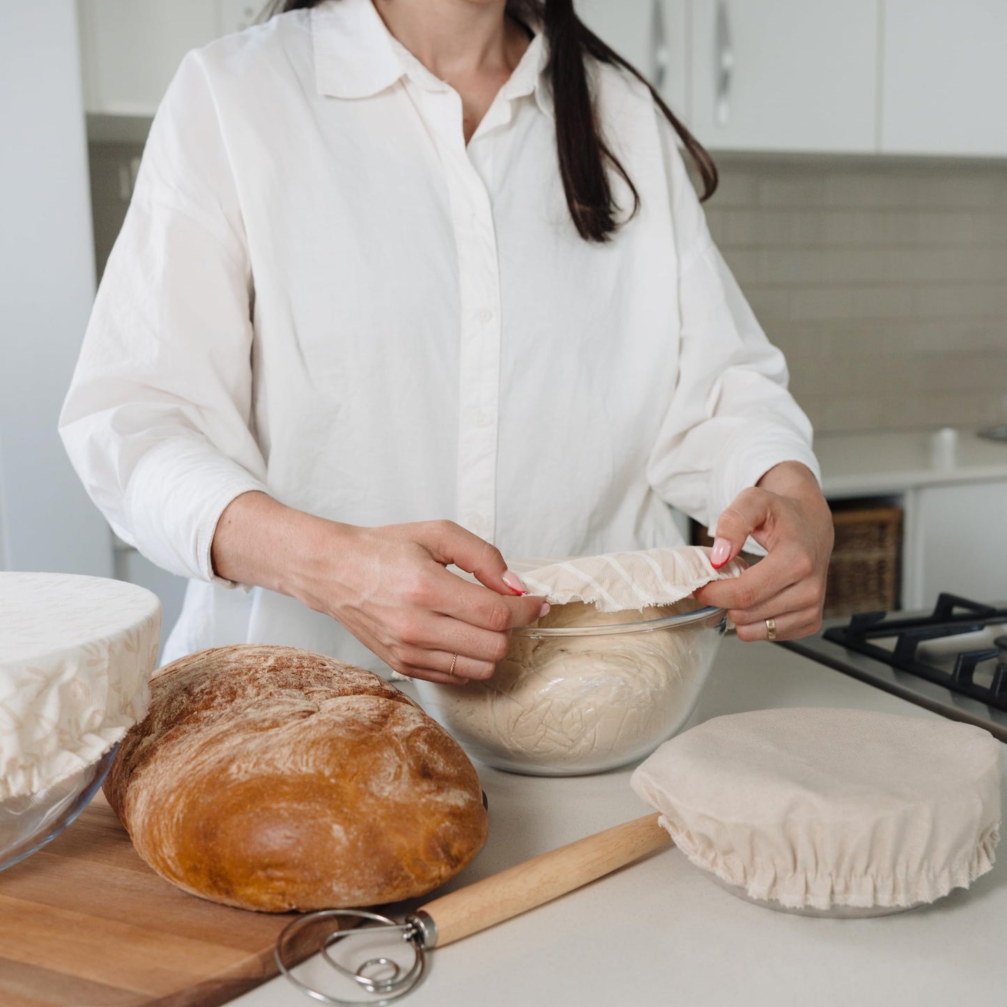 Beautiful Linen Cotton Blend Bowl Covers for Bread Proofing - Reusable Set of 3 in Varying Sizes Easily Fit Your Bowls 7" to 13" - Durable Fabric Covers, Ideal Sourdough Bread Baking Accessories