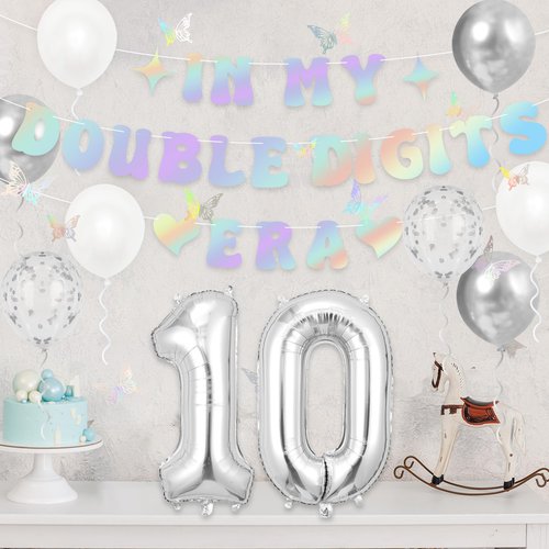 Holkcog 10th Birthday Decorations Silver, In My Double Digits Era Banner, Happy 10th Birthday Decorations for Girls Boys Double Digits Party Supplies Silver Number 10 Balloon Butterfly 10 Party