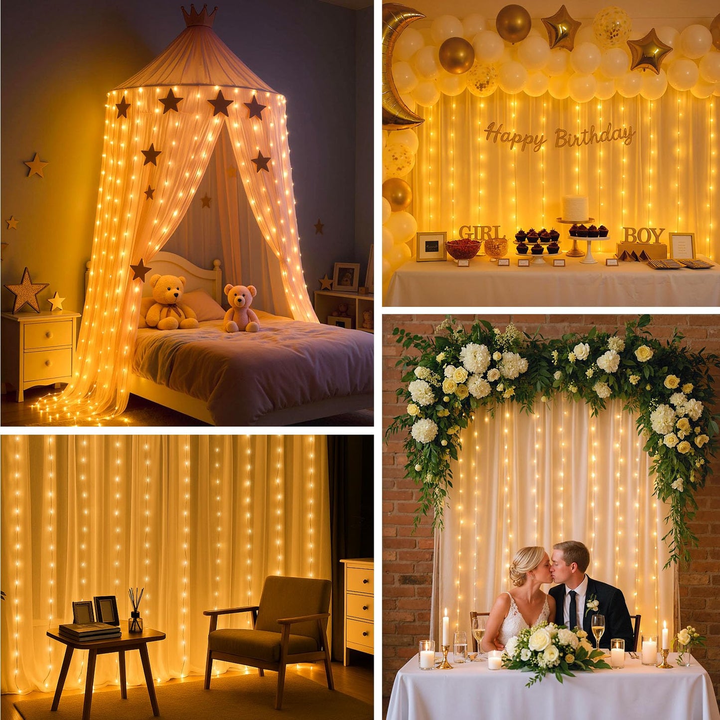DomeStar 300 LED Curtain Lights for Bedroom, 9.8 x 9.8 FT Fairy Lights with 8 Modes Remote, Plug‑in Design for Holiday Hanging Wall Garden Party Birthday Ambient Decor (Warm White)