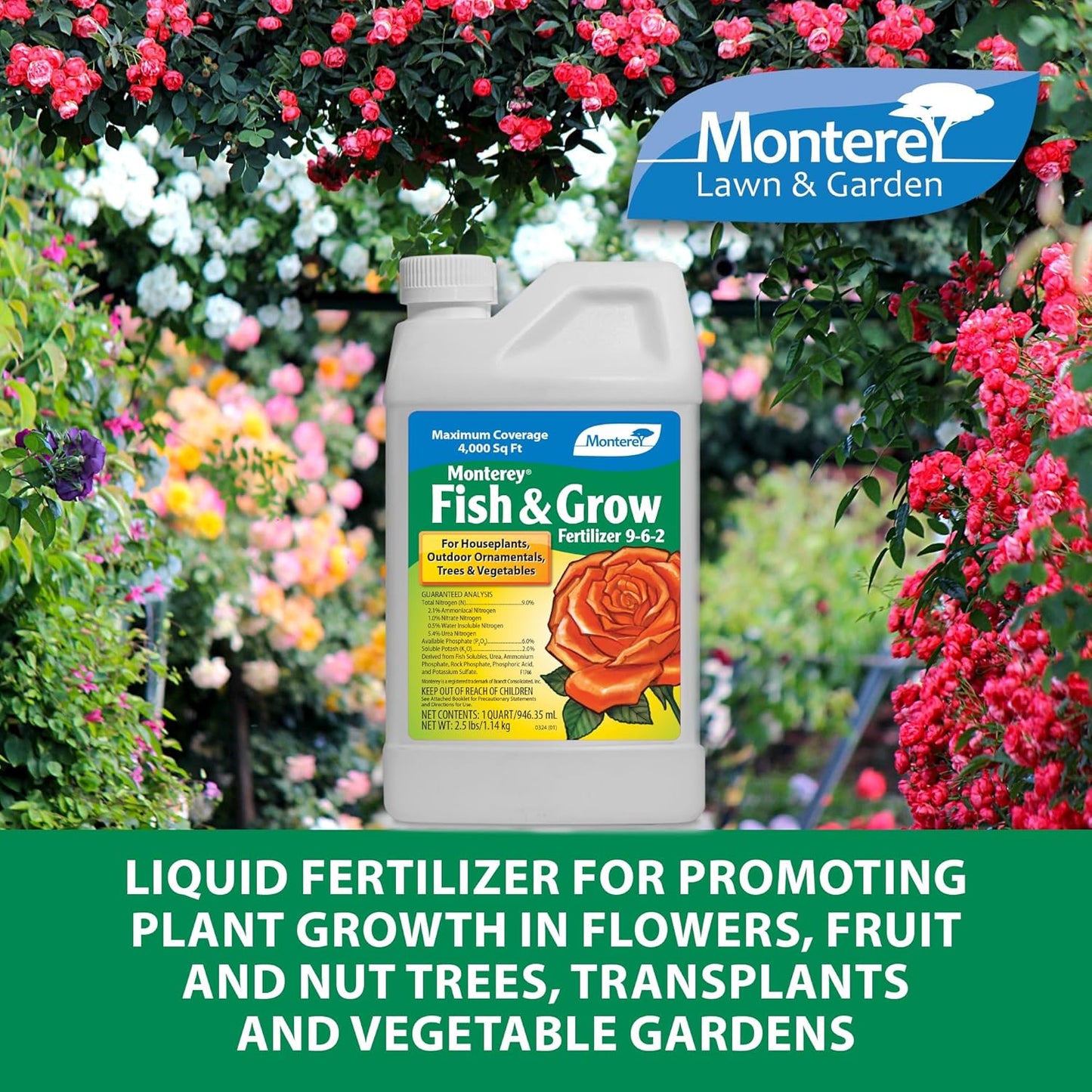Monterey Fish & Grow 9-6-2 Fertilizer - Liquid Plant Food for Houseplants & Vegetables | 1 Quart, Covers 4,000 Sq. Ft.
