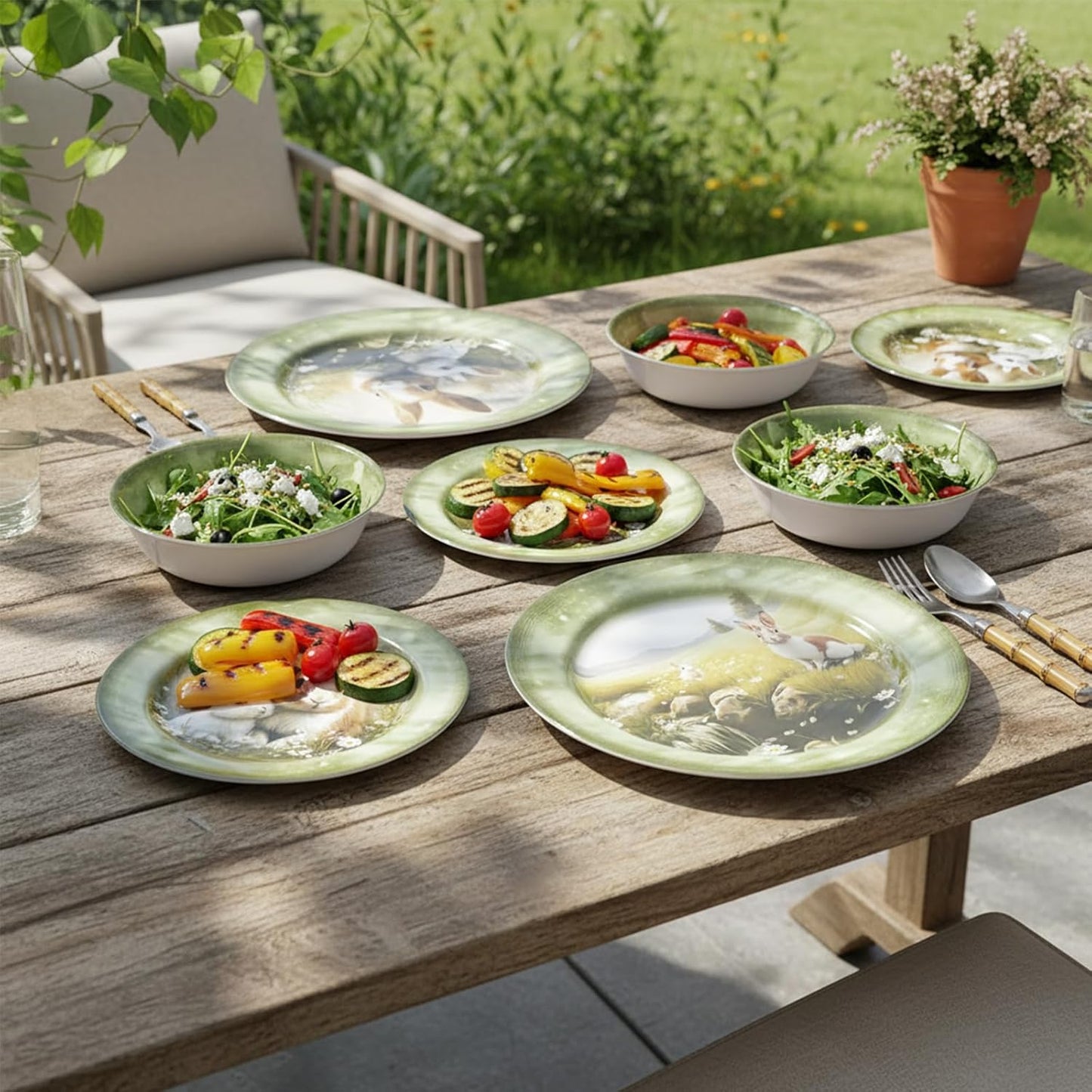 Skiennix 12-Piece Melamine Dinnerware Set - Lightweight Green Plates & Bowls for 4 | Shatterproof & Durable for Outdoor Use