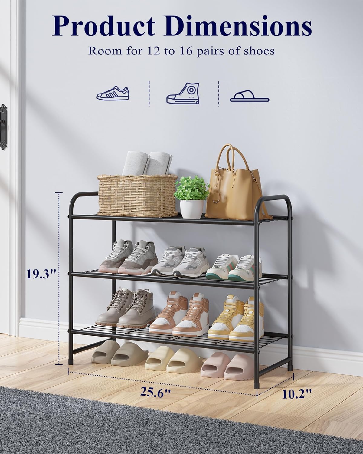 Kitsure Shoe Rack - Sturdy Stainless Steel Organizer for Closet & Entrance | 3-Tier, 25.6" Wide, Black