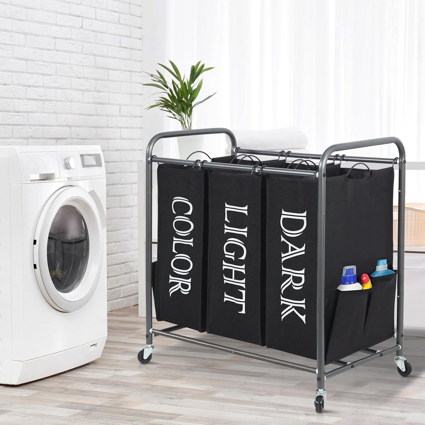 Storage Maniac 3-Section Laundry Sorter - 35.9 Gal Rolling Hamper Cart with Lockable Wheels & Removable Bag - Black