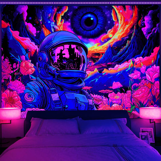 AtawLege Blacklight Astronaut Tapestry Hippie Eyes Tapestry UV Reactive Flowers Plants Tapestry Neon Galaxy Space Wall Hanging for Bedroom (70.9 x 92.5 inches)