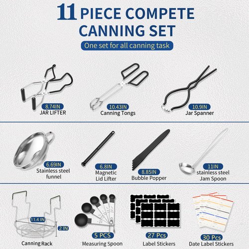 Gemfino Canning Supplies Starter Kit with Canning Rack,Canning Kit for Beginners 11 Pcs, Jar Lifter, Funnel, Wrench, Tongs, Lid Lifter, Bubble Popper, Labels, Ladle, Measuring Spoon - Black