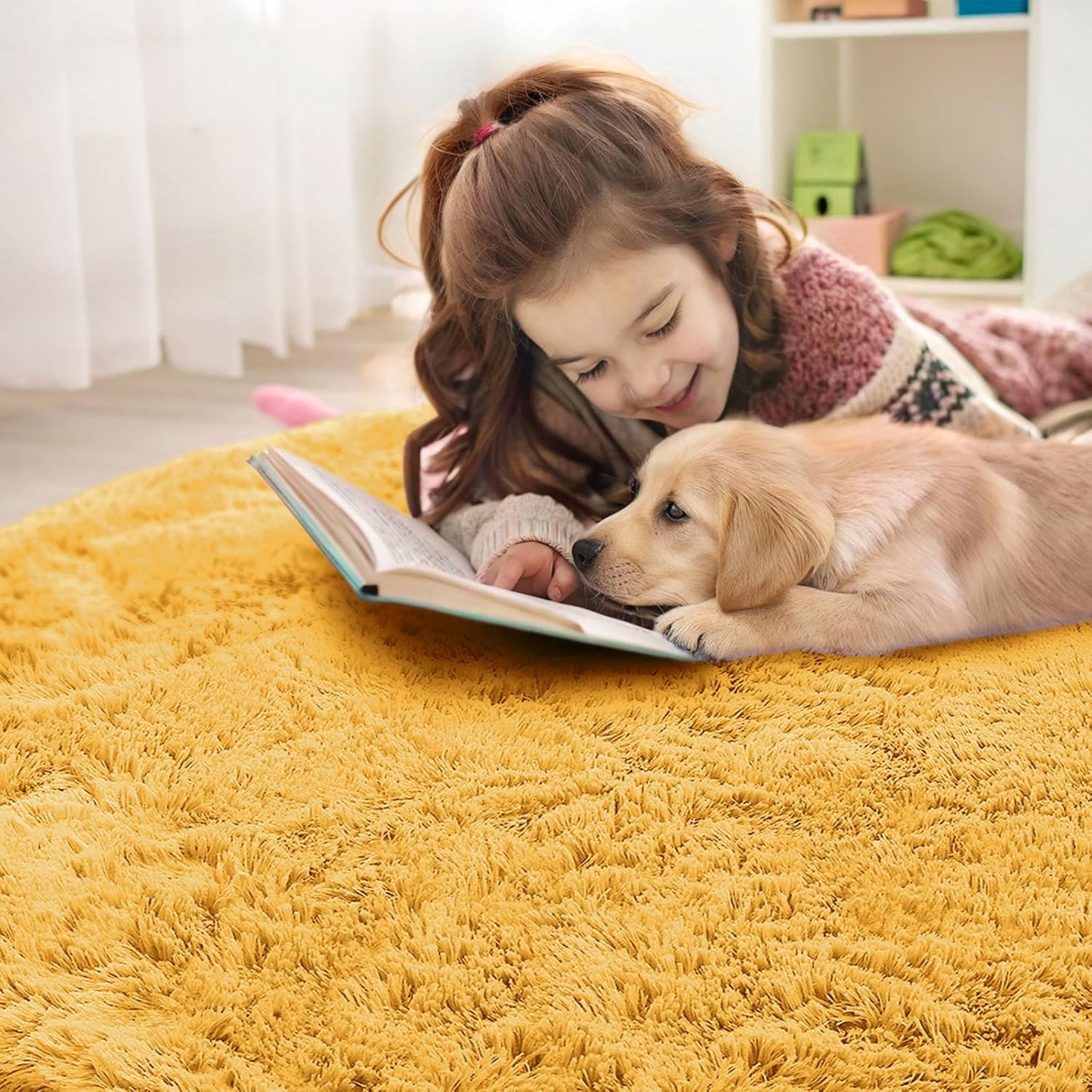 OLANLY Mustard Yellow Round Rug - Soft, Fluffy Shaggy Carpet for Bedroom | 2 ft Circle Area Rug