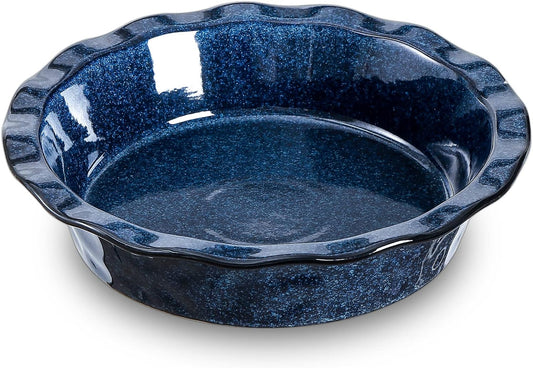 Vicrays Ceramic Pie Pan - 9-Inch Round Fluted Deep Dish for Baking Tart, Pizza, Quiche | Starry Blue Reactive Glaze