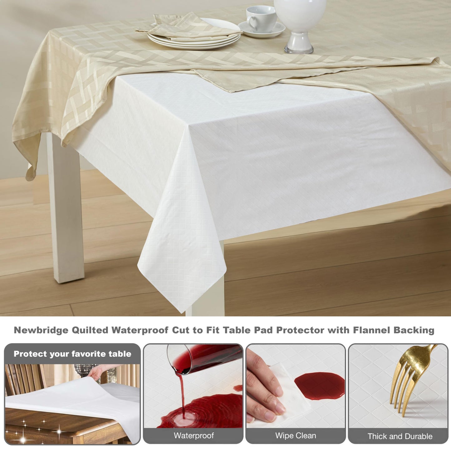Newbridge Quilted Waterproof Cut to Fit Table Pad Protector with Flannel Backing, Heat Resistant, Wipe Clean, Cushioned Pad Protects Table from Spills and Scratches, 52" x 70"