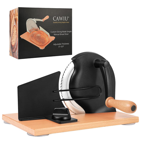CAWIU Upgraded Manual Bread Slicer for Homemade Sourdough, Adjustable Thickness Hand Crank Bread Cutter with Stainless Steel Blade, Slicing Guide, Suction Cups & Protective Cover (Black)