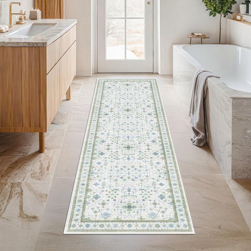 Hazo Haus Washable Oushak 2x6 Bathroom Runner Rug - Non-Slip, Stain-Resistant Floral Design in Cream & Green