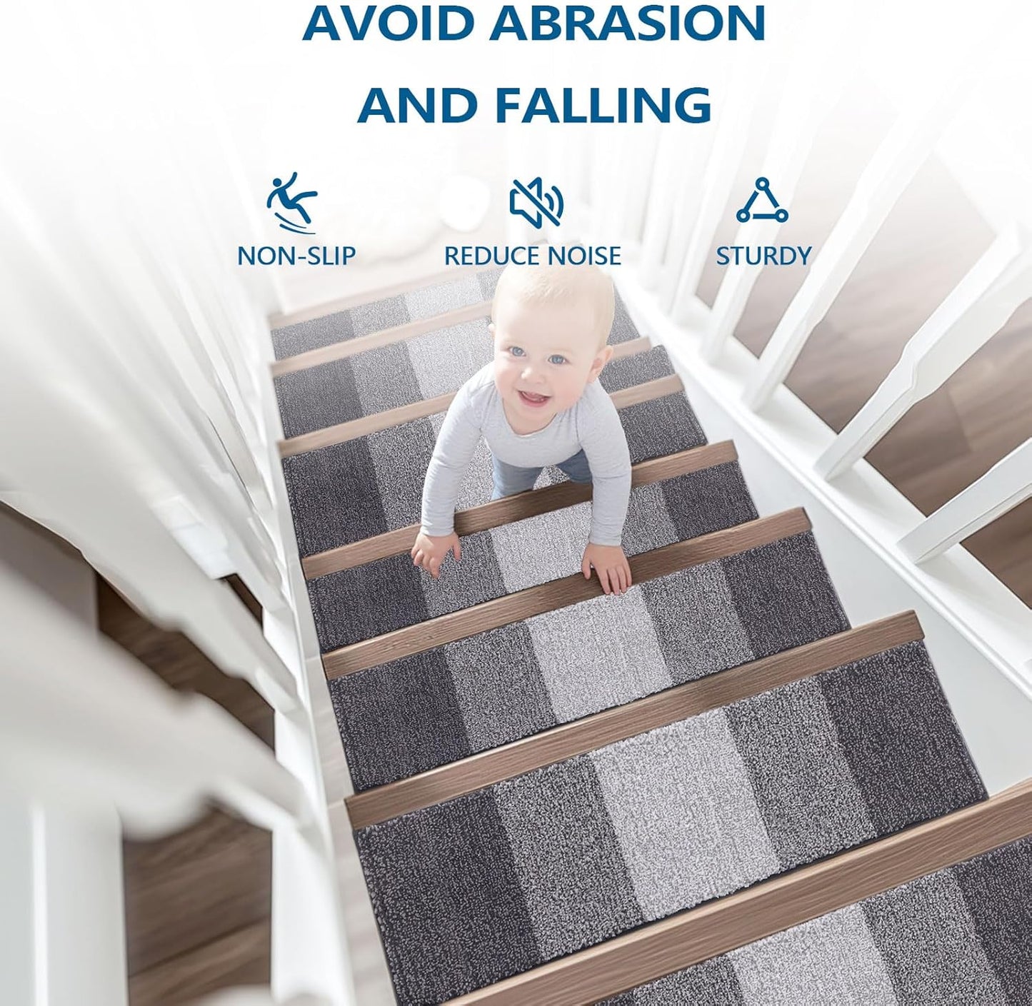 OLANLY Non-Slip Stair Treads - 15PCS Indoor Stair Runners for Wooden Steps | 8" x 30" Grey Edging Rugs with Reusable Adhesive for Kids, Elders, and Pets
