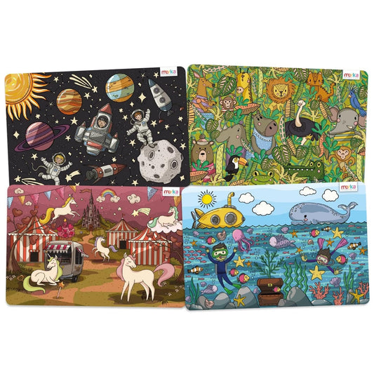merka Kids Placemats - 17 x 11 in, Multicolor, Set of 4 - Washable Plastic Dining Table Placemats - Reusable & Wipeable Ocean, Space, Jungle & Unicorn Themes - Ages 2+