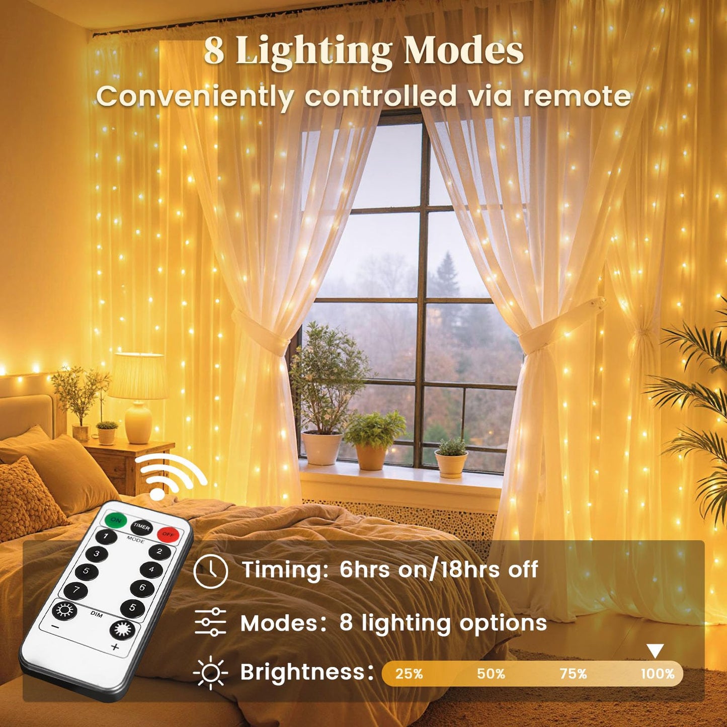 DomeStar 300 LED Curtain Lights for Bedroom, 9.8 x 9.8 FT Fairy Lights with 8 Modes Remote, Plug‑in Design for Holiday Hanging Wall Garden Party Birthday Ambient Decor (Warm White)