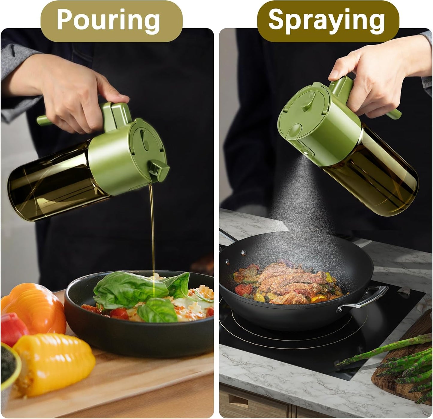 Skiennix Olive Oil Dispenser Bottle - 2 In 1 Sprayer for Cooking | 17oz/500ml, Light Blockage, Green