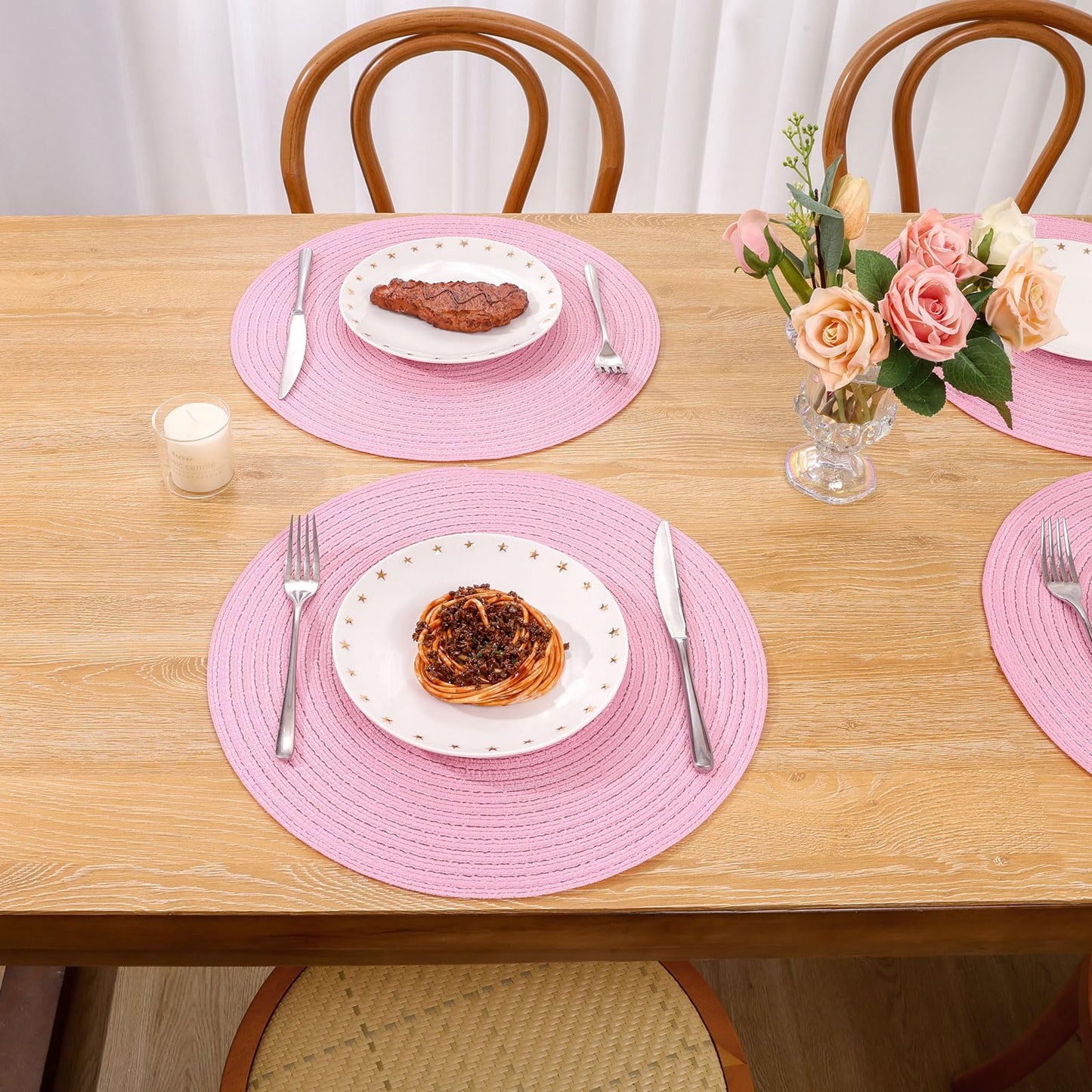 SHACOS Round Braided Placemats Set of 6 Round Table Mats for Dining Tables 15 inch Washable Non Slip Placemats (Pink, 6)