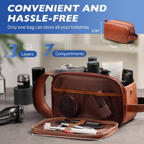 HOTOR Travel Toiletry Bag - Water Resistant Travel Essentials for Women and Men, Compact Leather Toiletries Organizer with Handle, Versatile Cruise Ship Essentials, Brown, Medium