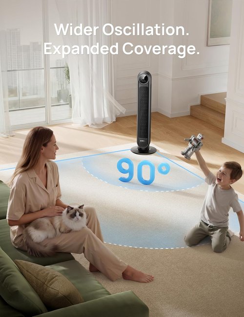 DREO Bladeless Tower Fan - Ultra Quiet 20dB, 8 Speeds, 90° Oscillation, Remote Control - Black