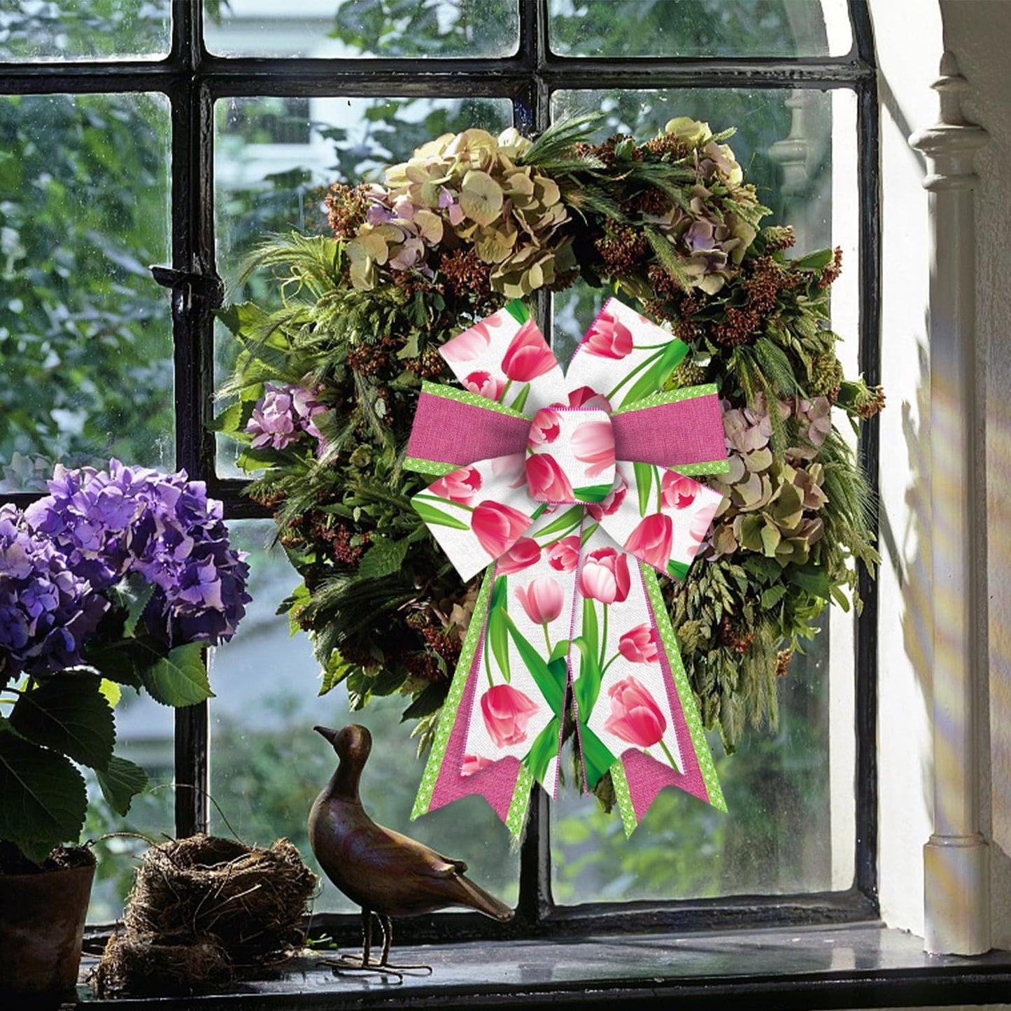 Threetols Floral Wreath Bows - 2 Pack Pink Tulip Decorative Bows for Indoor/Outdoor Home & Garden Decor