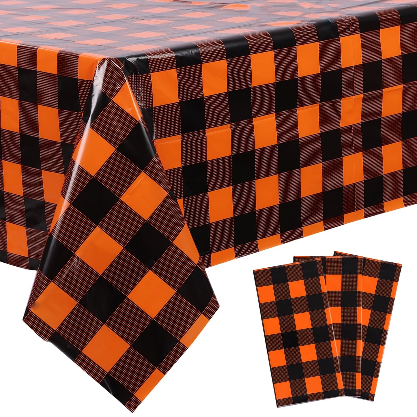 Kesfey 3 Packs Fall Orange Buffalo Check Plaid Tablecloth 54 x 108 Inches Waterproof Autumn Thanksgiving Gingham Table Cloth Disposable Orange and Black Plastic Checkered Picnic Tablecover for Camping