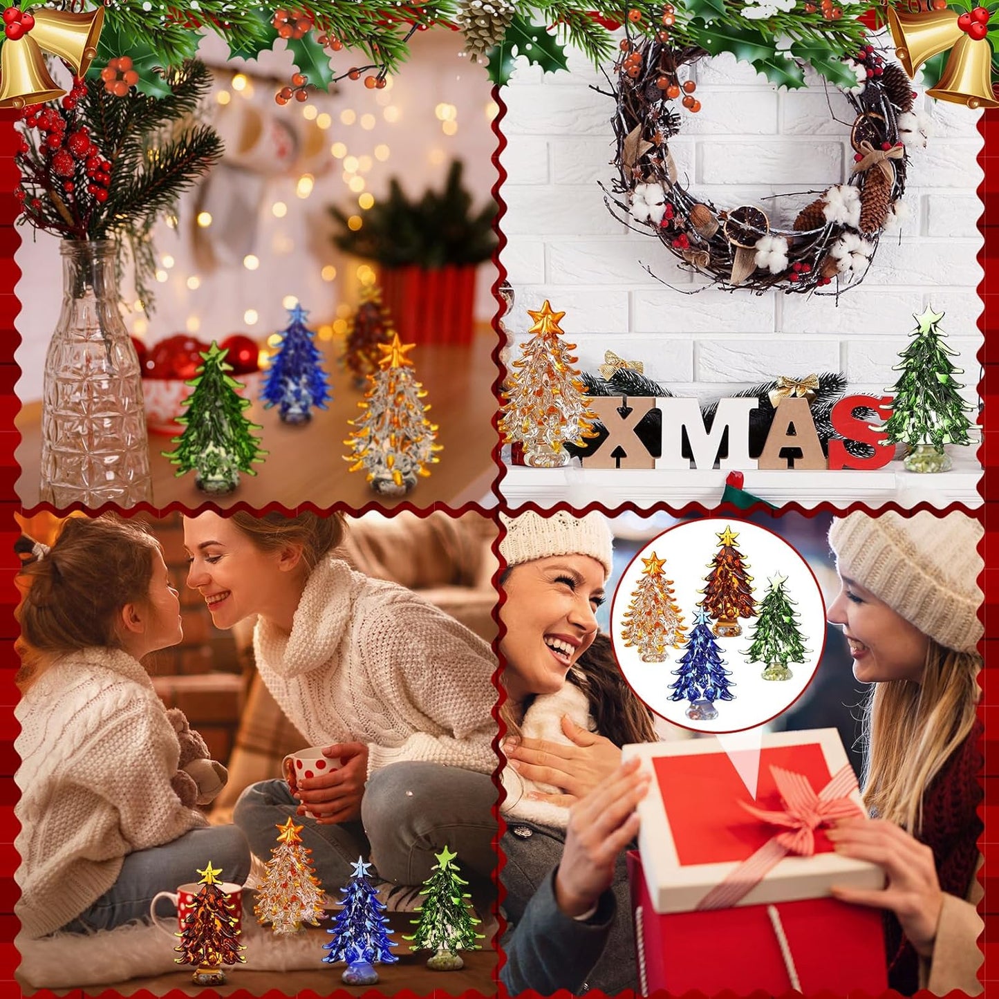 Thyle Mini Colorful Crystal Christmas Tree Figurines - 4 Pcs 2.4 Inch Collectible Holiday Decor