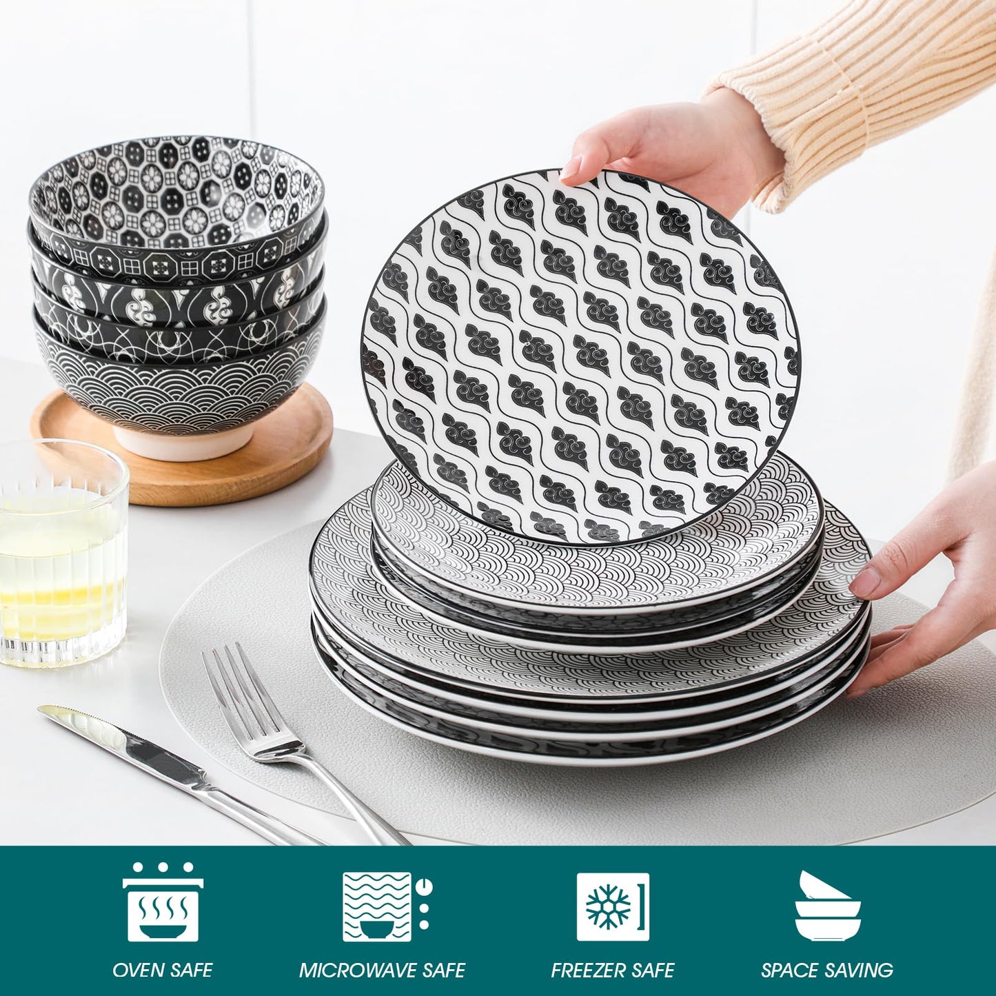 vancasso Haruka 12 Pieces Plates and Bowls Set, Ceramic Dinnerware Sets for 4, Black and White Porcelain Dishes Set