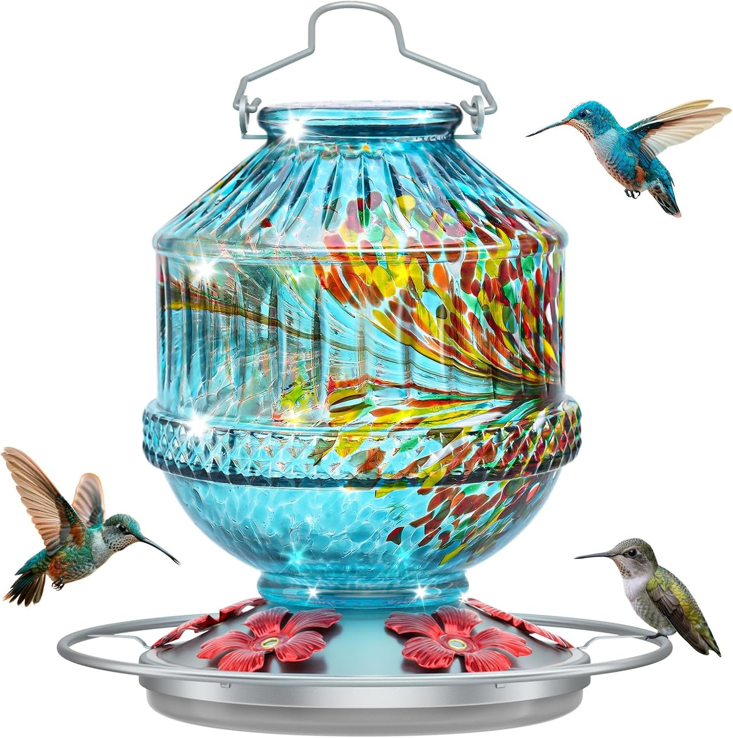 Skiennix Hand Blown Glass Hummingbird Feeder - 25 Ounce Leak-Proof Design with 5 Flower Ports | Blue Garden Decor