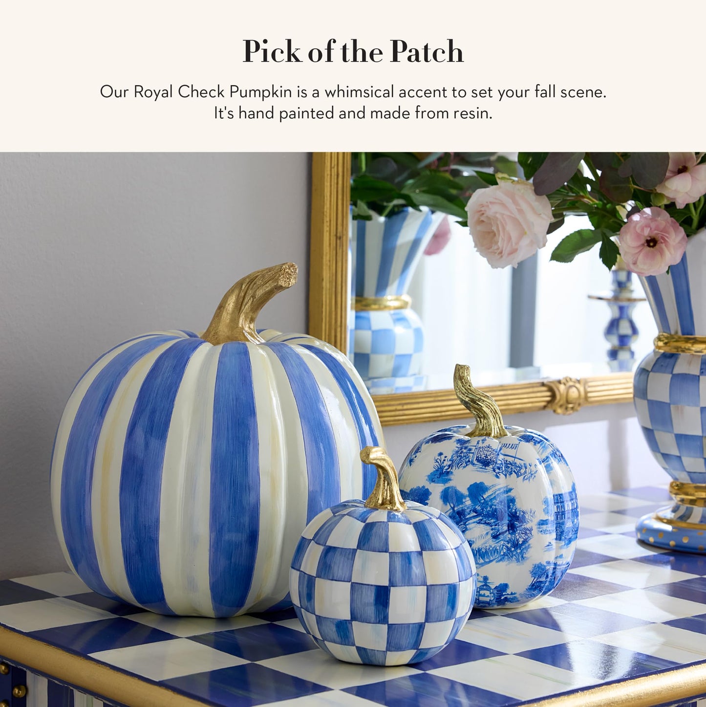 MACKENZIE-CHILDS Mini Pumpkin, Resin Halloween Home Decor, Blue-and-White Royal Check
