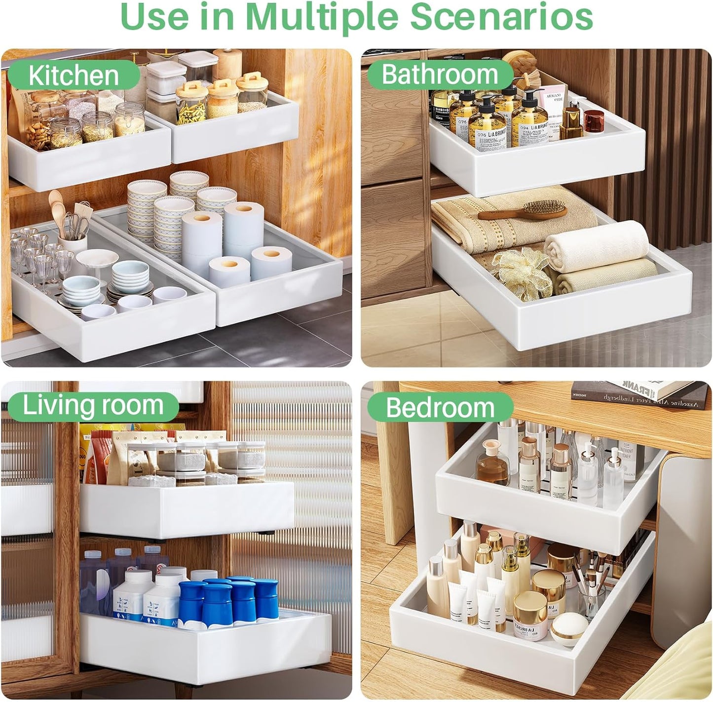 Skiennix Pull-Out Cabinet Organizer - Heavy-Duty Full-Extension Drawers, 21" Deep, White