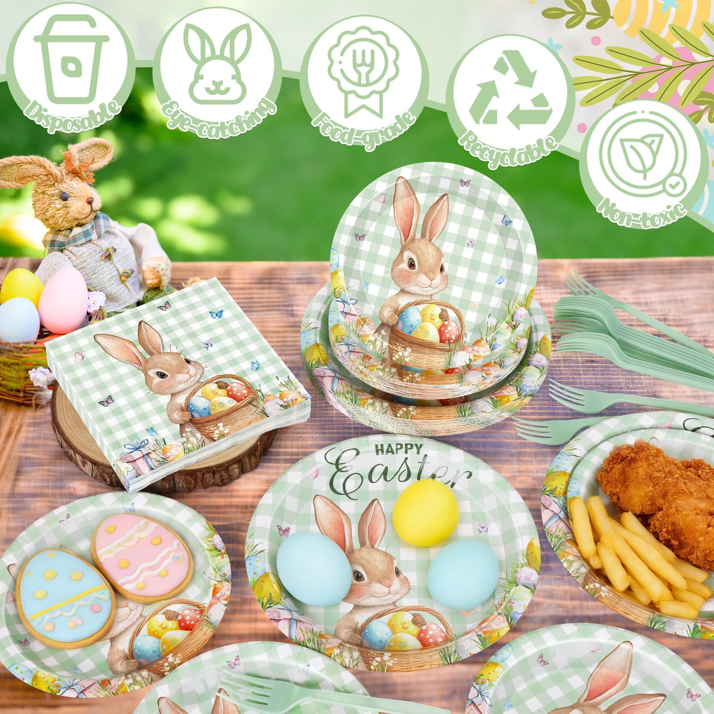 122 Pcs Easter Plates and Napkins Set, Disposable Bunny Eggs Dinnerware Easter Decorations, Sage Green Paper Plates, Napkins, Fork and Tablecloth for Spring Celebrations Party Favors, Serve 30 Guests
