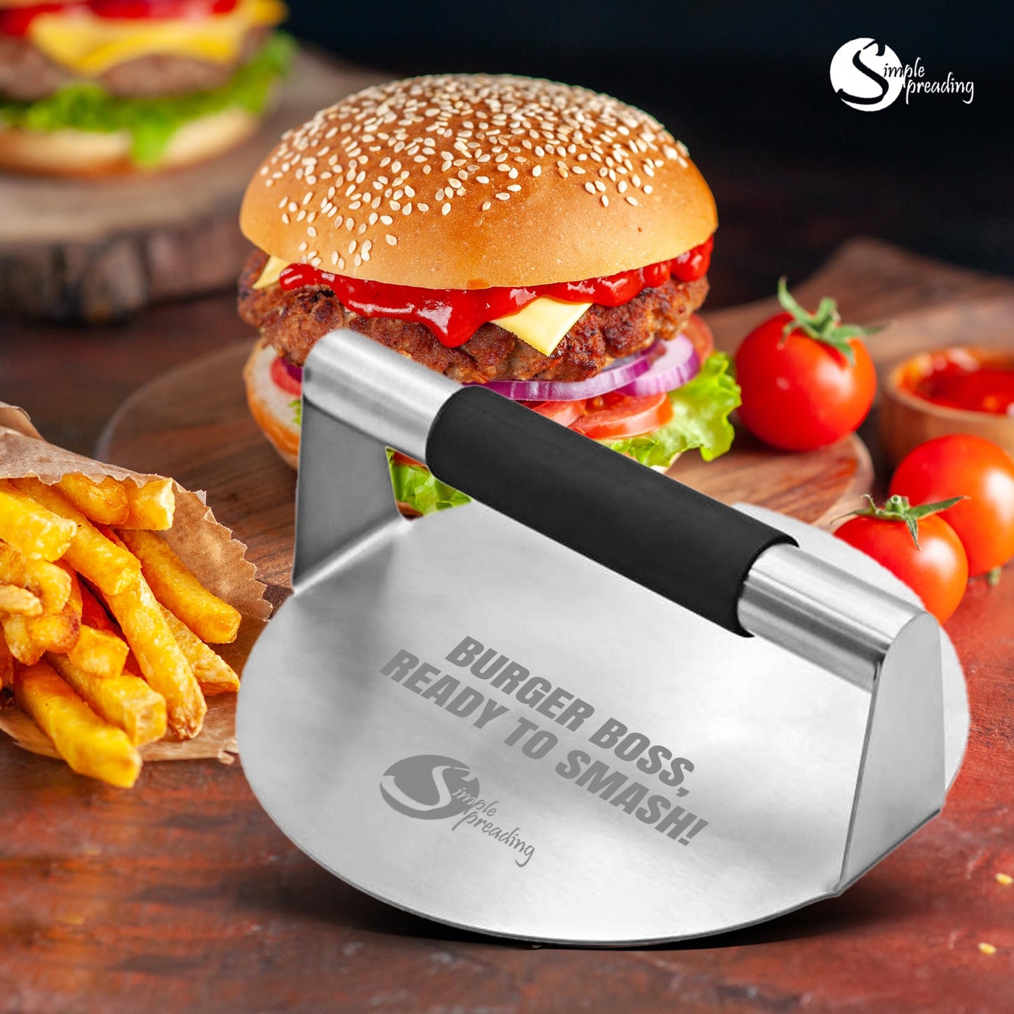 Simple preading Smash Burger Press with Fun Quotes - Stainless Steel Hamburger Smasher for Griddle & Grill Press, Perfect for BBQ, Flat Tops, Patty Making, (5.5" XL, Burger Boss)
