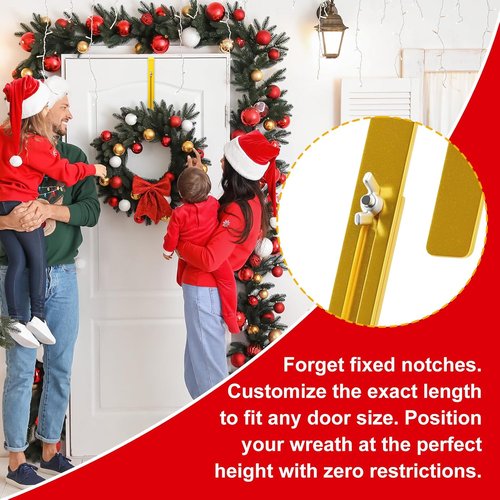 Gold Wreath Hanger - Adjustable Over The Door Hook (15-25 Inch) | Heavy Duty Metal Holder for Seasonal Decor