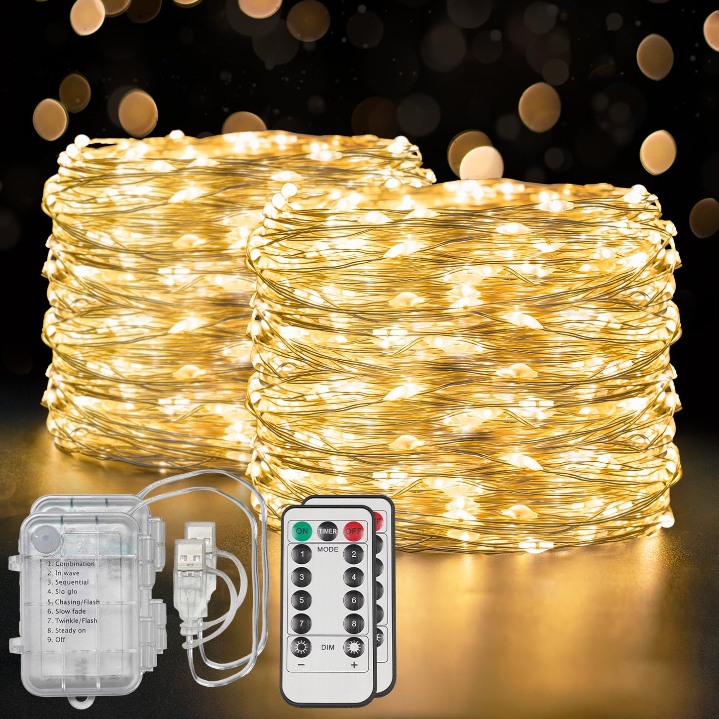 suddus Flexible Copper String Lights Waterproof Decorative Fairy Lights Warm White, 2Pack Total 132ft 400 LED Battery/USB Operated Twinkle Lights for Bedroom, Dorm Decor