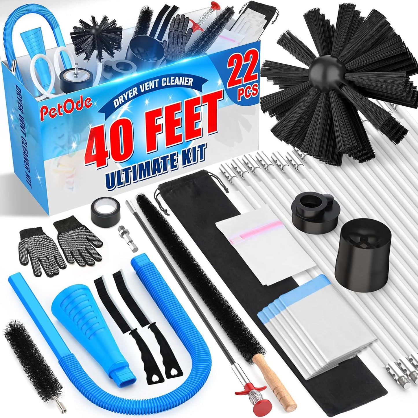 PetOde 40-Feet Dryer Vent Cleaner Kit - 22-Piece Lint Removal Tools with Flexible Brush & Attachments