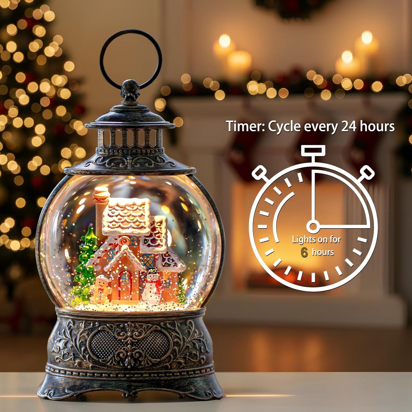 Skiennix Christmas Snow Globe - Gingerbread Man & Snowman Water Lantern with Music & 6H Timer