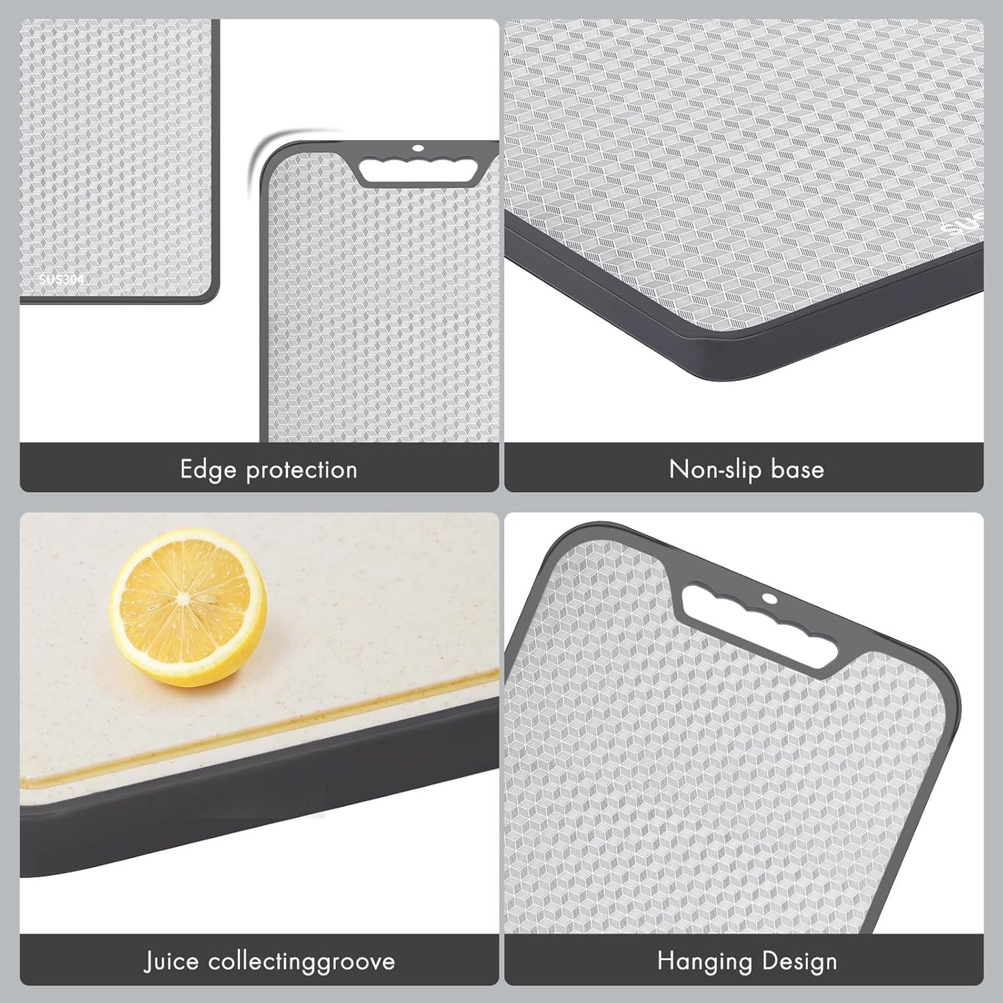 SUS304 Stainless Steel & Wheat Straw Cutting Board - 2-in-1 Double Sided, Non-Slip | 16"x11" Dishwasher Safe