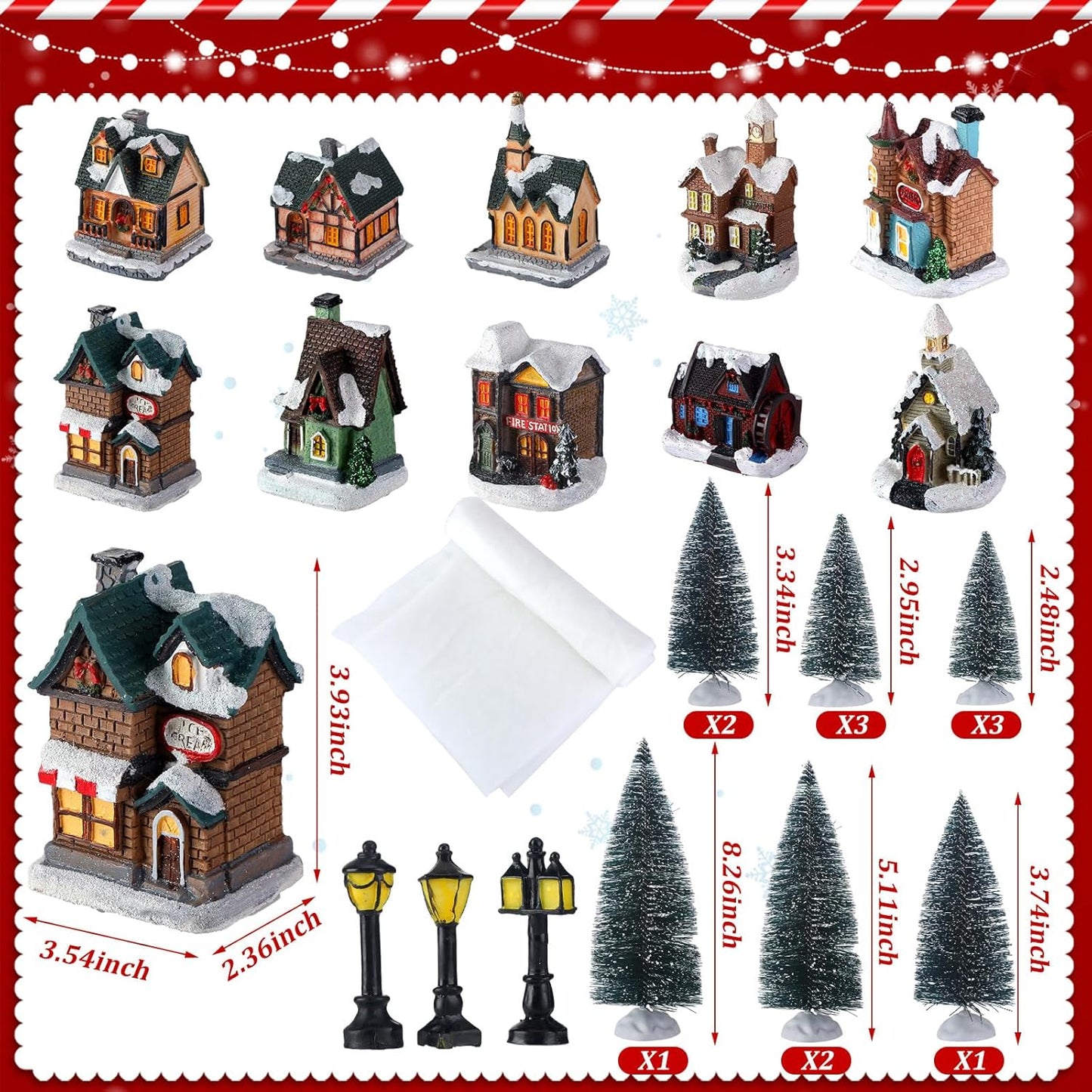 Shappy Christmas Village Houses Set - 48 Pcs with 10 Light-Up Buildings, Mini Trees & LED Lights