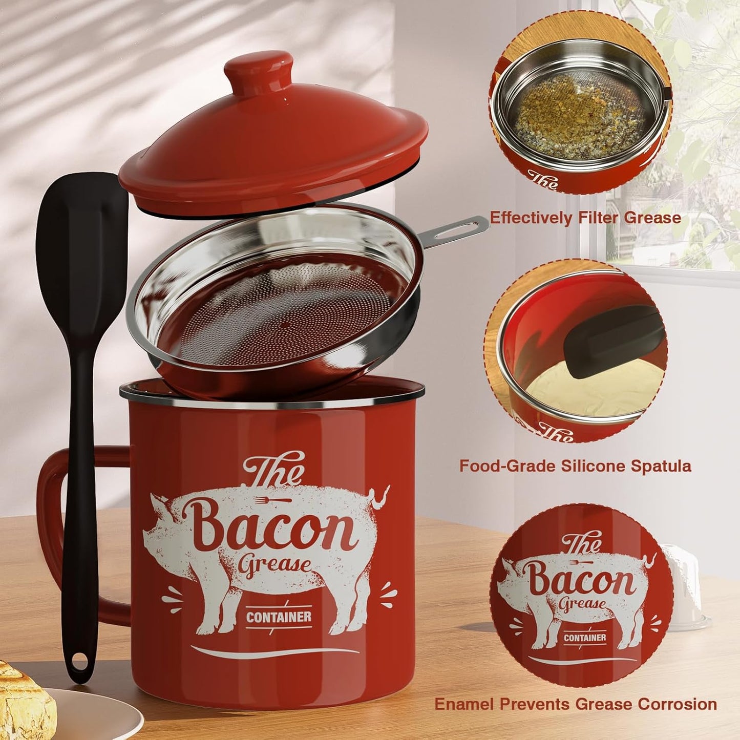 Regine Switzerland Bacon Grease Container - 46oz Enamel Keeper with Strainer & Silicone Spatula | Dishwasher Safe, Red