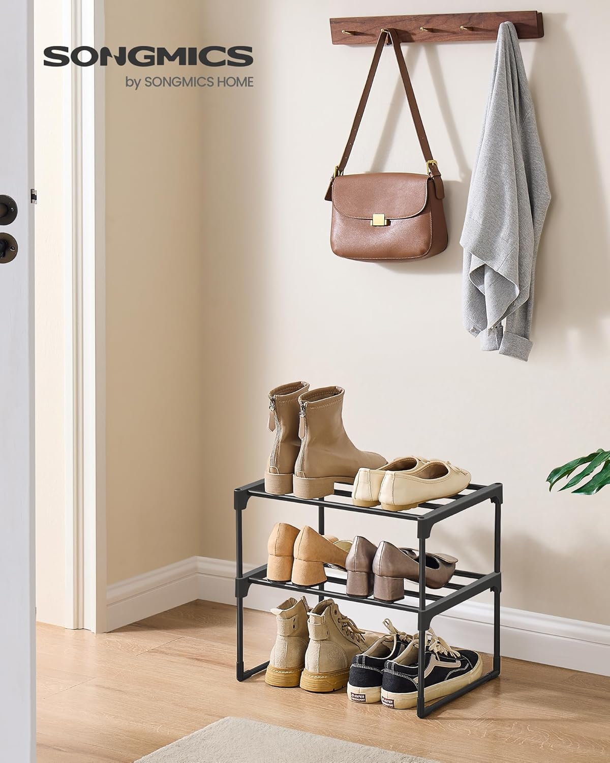 SONGMICS 2-Tier Shoe Rack - Stackable Metal Organizer for 3-6 Pairs - Black, 11.8 x 16.7 x 14.8 Inches