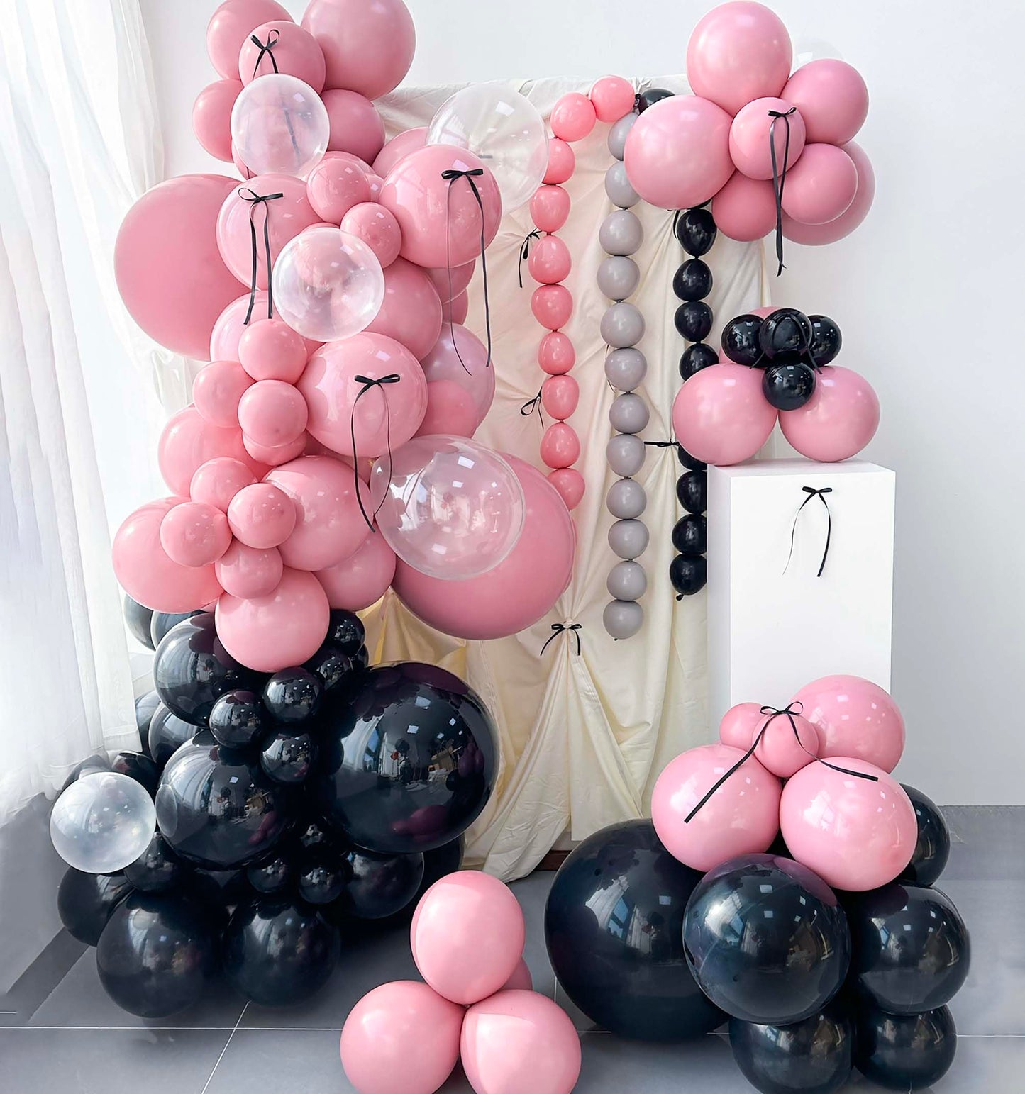 Mythlty 160pcs Pink and Black Balloons Arch Kit with Bows in Different Sizes 5" 10" 12" 18", Stuffed Ballons Pink Grey Balloons for Birthday Baby Shower Bat Mitzvah Bachelorette Parties Decorations